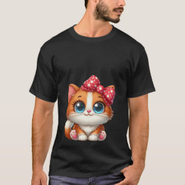 Camiseta Gato naranja Kawaii con lazo rojo de lunares blanc