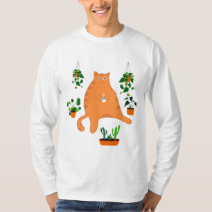 Camiseta Gato Naranja lindo con planta, regalo de gato lind