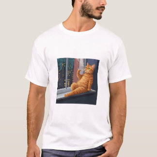 Camiseta Gato Naranja Relajado en Balcón – Noche Retro 8-Bi
