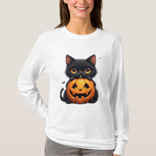 Camiseta Gato Negro Adorable Con Calabaza De Jack O Lantern
