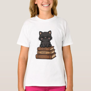 Camiseta Gato Negro Adorable Con Gafas En Libros - Amante D
