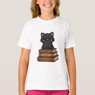 Camiseta Gato Negro Adorable Con Gafas En Libros - Amante D