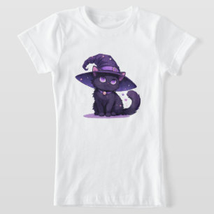 Camiseta Gato Negro Adorable con Sombrero de Bruja Morado M