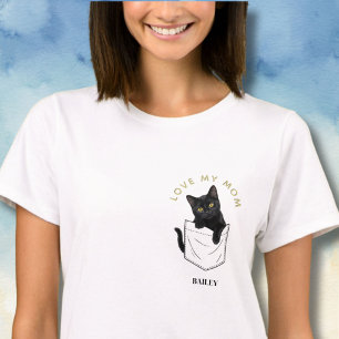 Camiseta Gato Negro Adorable en Bolsillo Nombre Personaliza