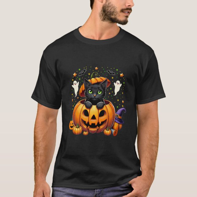 Camiseta Gato negro adorable en calabaza - ¡Temporada temib (Anverso)