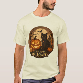 Camiseta Gato Negro Adorable y Calabaza | Arte Feliz Hallow