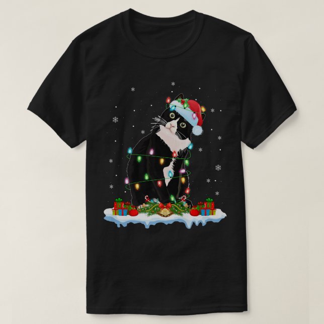 Camiseta Gato negro amante de la Navidad enciende a Santa G (Diseño del anverso)