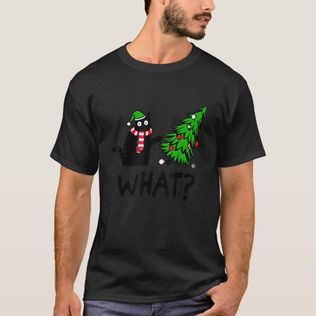 Camiseta Gato Negro Arrojando Árbol De Navidad Sobre Gato Q (Anverso)