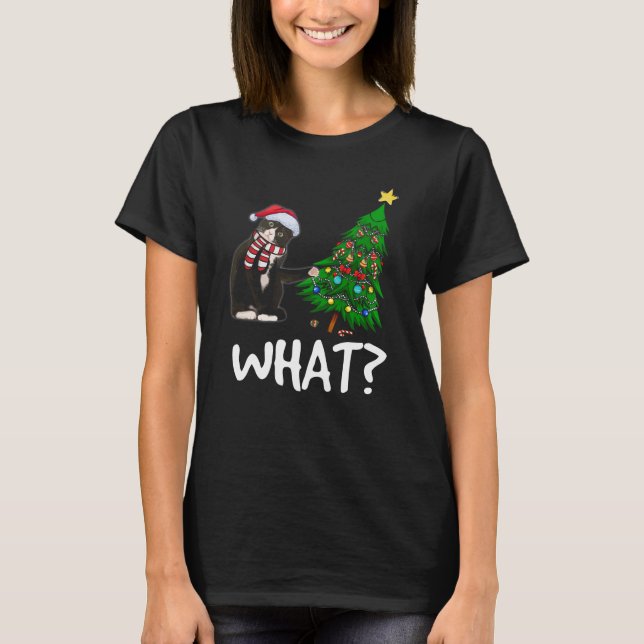 Camiseta Gato Negro Arrojando Árbol De Navidad Sobre Gato Q (Anverso)