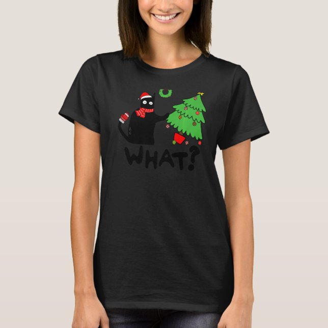 Camiseta Gato Negro Arrojando Árbol De Navidad Sobre Gato Q (Anverso)