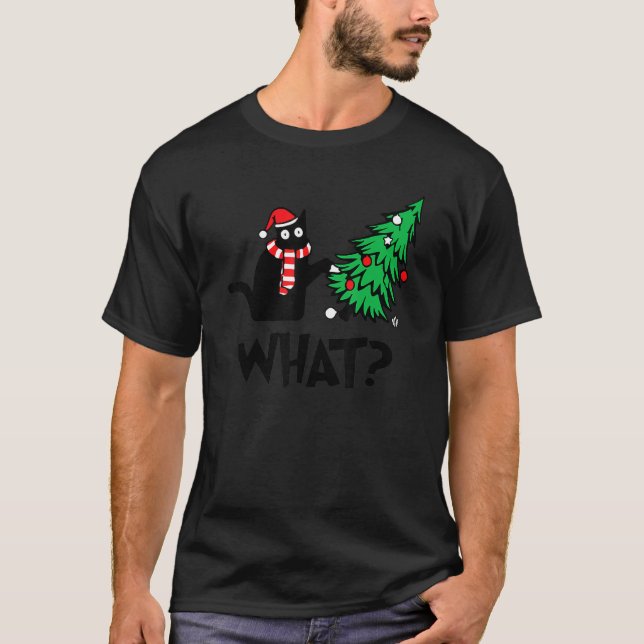 Camiseta Gato Negro Arrojando Árbol De Navidad Sobre Gato Q (Anverso)