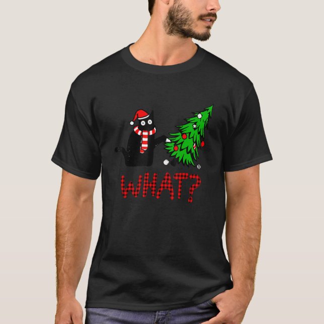 Camiseta Gato Negro Arrojando Árbol De Navidad Sobre Gato Q (Anverso)