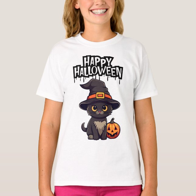 Camiseta Gato negro asustado con calabaza Jack O Lantern (Anverso)