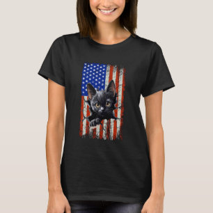 Camiseta Gato Negro Bandera Americana Rasgada Vintage 4 De