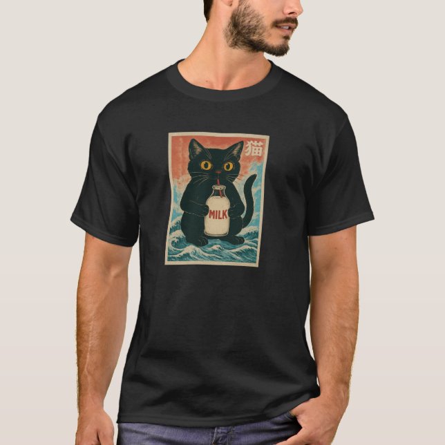 Camiseta Gato Negro Bebe Cartón de Leche Anime japonés Dive (Anverso)