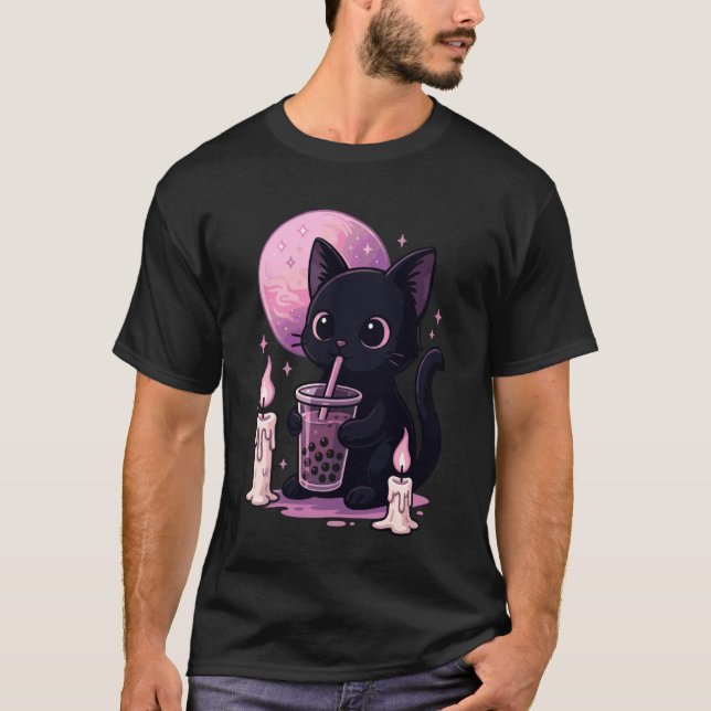 Camiseta Gato negro bebiendo Boba Goth Bubble Tea (Anverso)