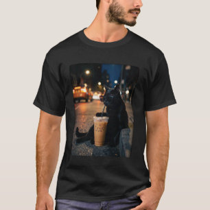 Camiseta Gato Negro Bebiendo Café Helado Divertido Meme de