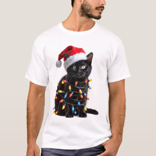 Camiseta Gato Negro Bonito Santa Luces de Navidad Meow Kitt
