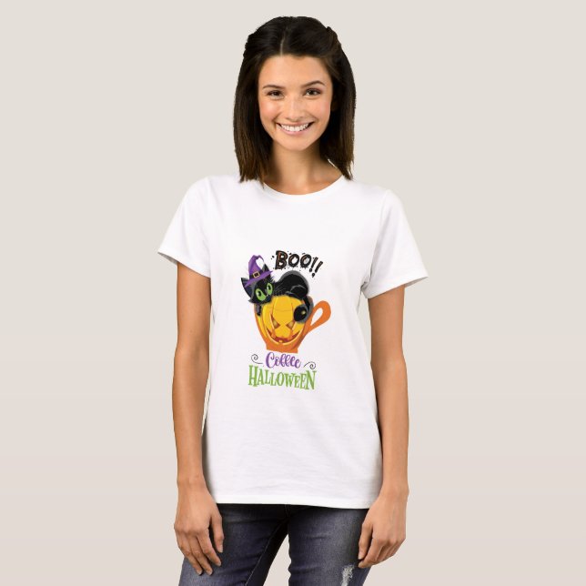 Camiseta Gato negro boo, calabaza temerosa café Halloween (Anverso completo)
