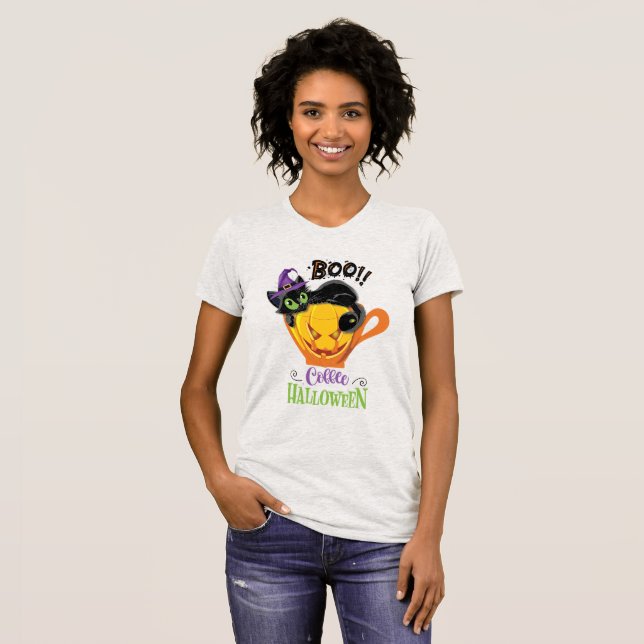 Camiseta Gato negro boo, calabaza temerosa café Halloween (Anverso completo)