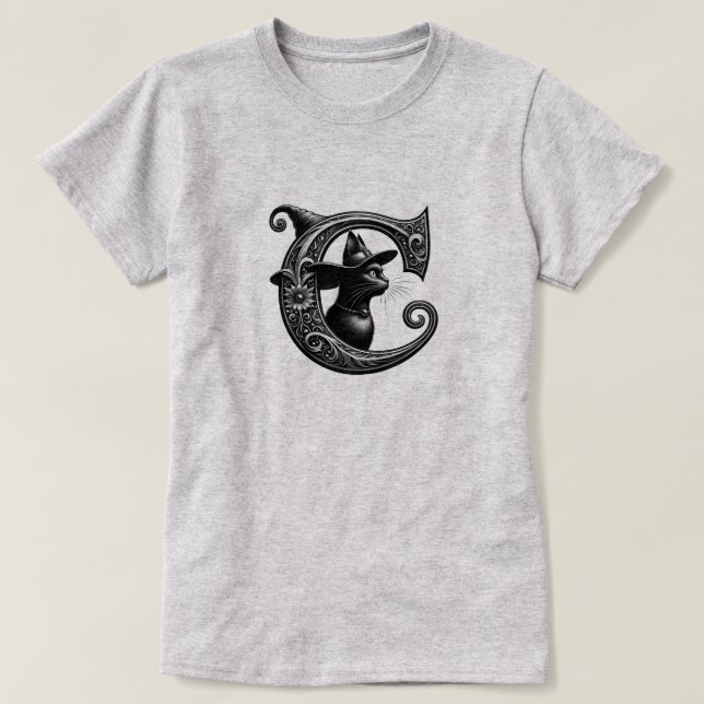 Camiseta Gato Negro Bruja Brujería Letra C Inicial Personal (Diseño del anverso)