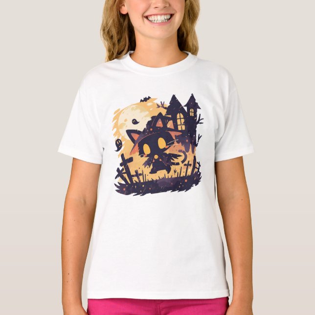 Camiseta Gato negro brujo en la noche de Halloween (Anverso)