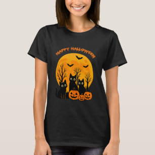 Camiseta Gato Negro Calabaza Luna Murciélagos Feliz Hallowe