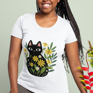 Camiseta Gato Negro Caprichoso con Flores Amarillas 