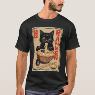 Camiseta Gato negro comiendo carne de fideos japoneses en R