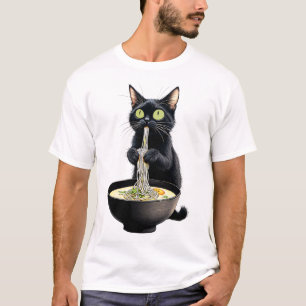 Camiseta Gato negro comiendo fideos de Ramen comida japones