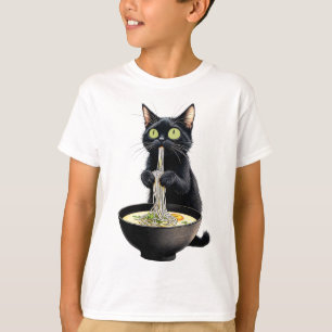 Camiseta Gato negro comiendo fideos de Ramen comida japones