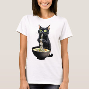 Camiseta Gato negro comiendo fideos de Ramen comida japones