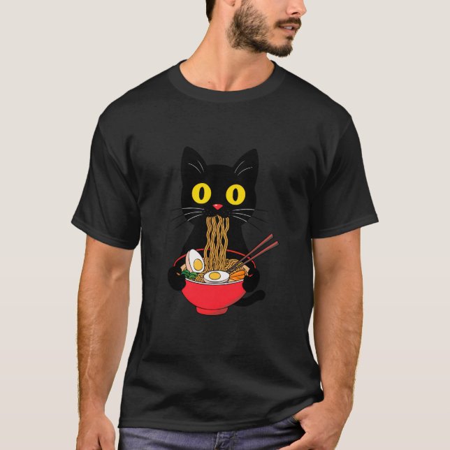 Camiseta Gato negro comiendo fideos de Ramen Kawaii Anime J (Anverso)