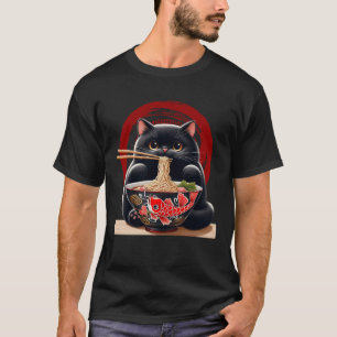 Camiseta Gato negro comiendo fideos japoneses de Ramen Koi 