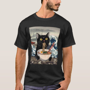 Camiseta Gato negro comiendo fideos ramen arte de onda japo