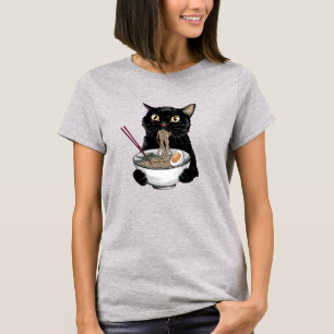 Camiseta Gato negro comiendo ramen