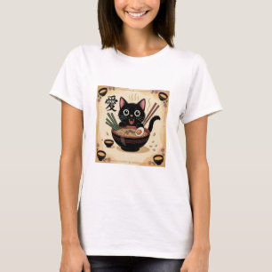 Camiseta Gato Negro Comiendo Ramen, Tazón de Fideos Kawaii