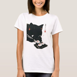 Camiseta Gato negro comiendo sushi - arte japonés gato
