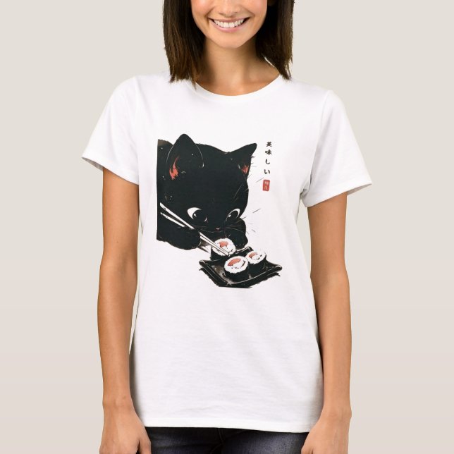 Camiseta Gato negro comiendo sushi - arte japonés gato (Anverso)