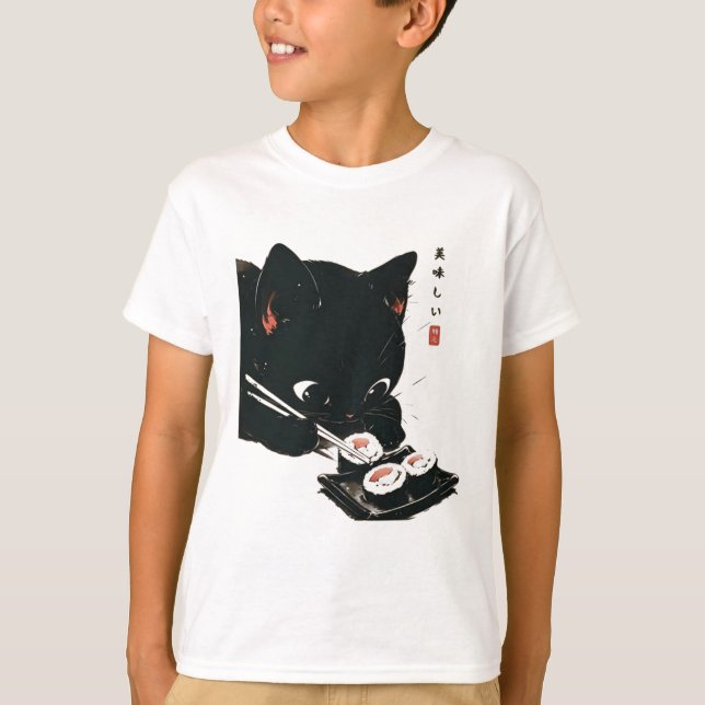 Camiseta Gato negro comiendo sushi - arte japonés gato (Anverso)