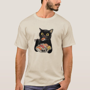 Camiseta Gato negro comiendo sushi con palillos
