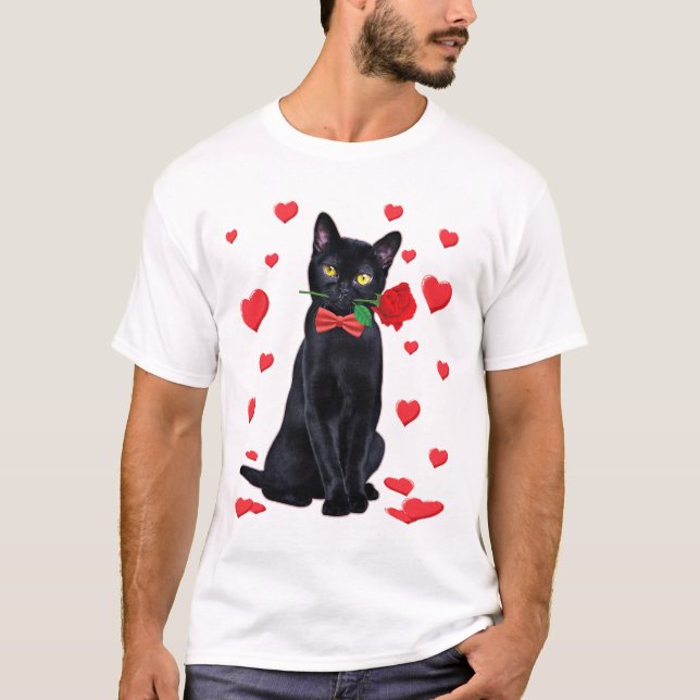Camiseta Gato negro con amor de San Valentín Rosa (Anverso)