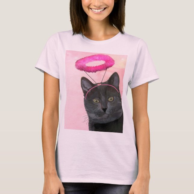 Camiseta Gato negro con Angel Halo rosa (Anverso)