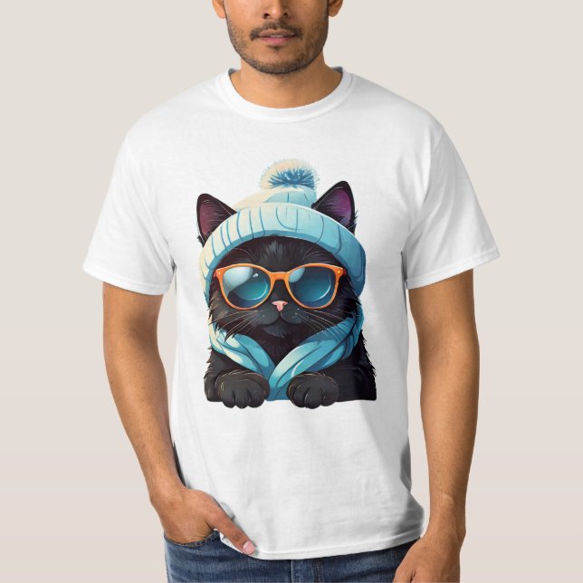 Camiseta gato negro con gafas de sol y gorra de invierno (Anverso)