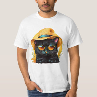 Camiseta gato negro con gafas de sol y gorra, gato gracioso