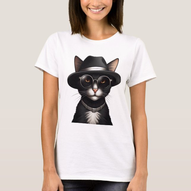 Camiseta gato negro con gafas de sol y gorra, gato gracioso (Anverso)