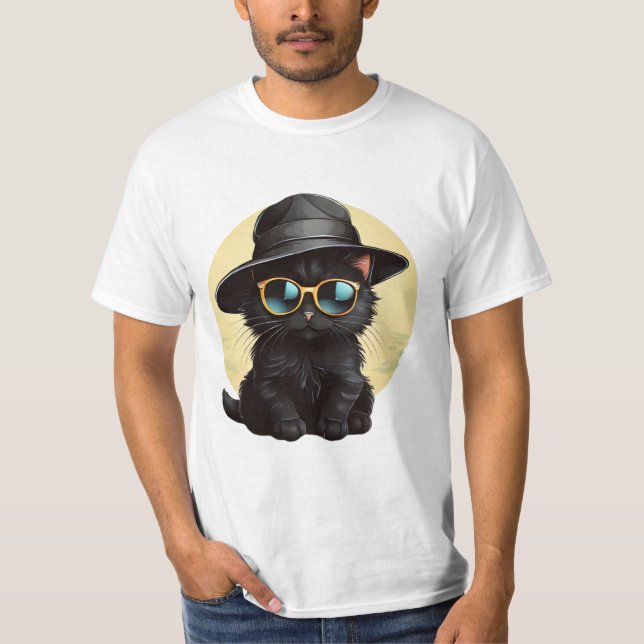 Camiseta gato negro con gafas de sol y gorra, gato gracioso (Anverso)