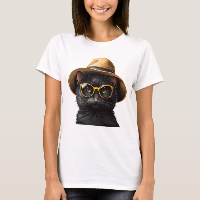 Camiseta gato negro con gafas de sol y gorra, gato gracioso (Anverso)