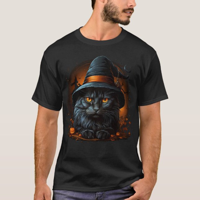 Camiseta Gato negro con Gorra de bruja (Anverso)