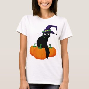 Camiseta Gato negro con Gorra y calabazas para Halloween